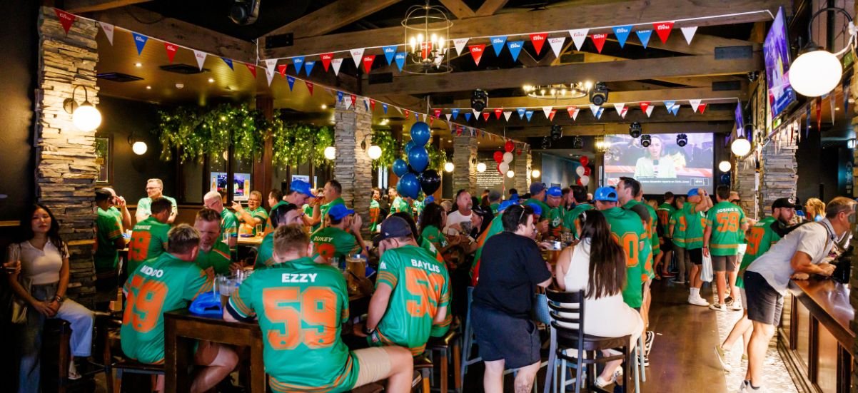 Group of Irish supporters in jerseys at the pub, back turned to camera as they watch the big screen