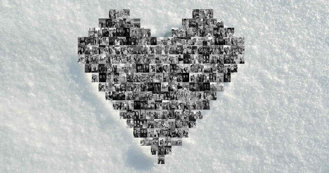 En hjärtformad collage av svartvita fotografier av människor som ligger på snö.