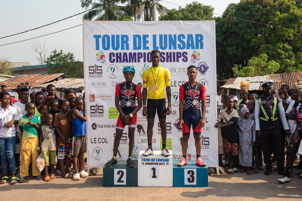  The final GC podium, with Sorie Koroma (Lunsar A) taking yellow on the final day, with Abu Sheik Sesay (Lunsar B) in second and Moses L Kamara rounding out the podium.  