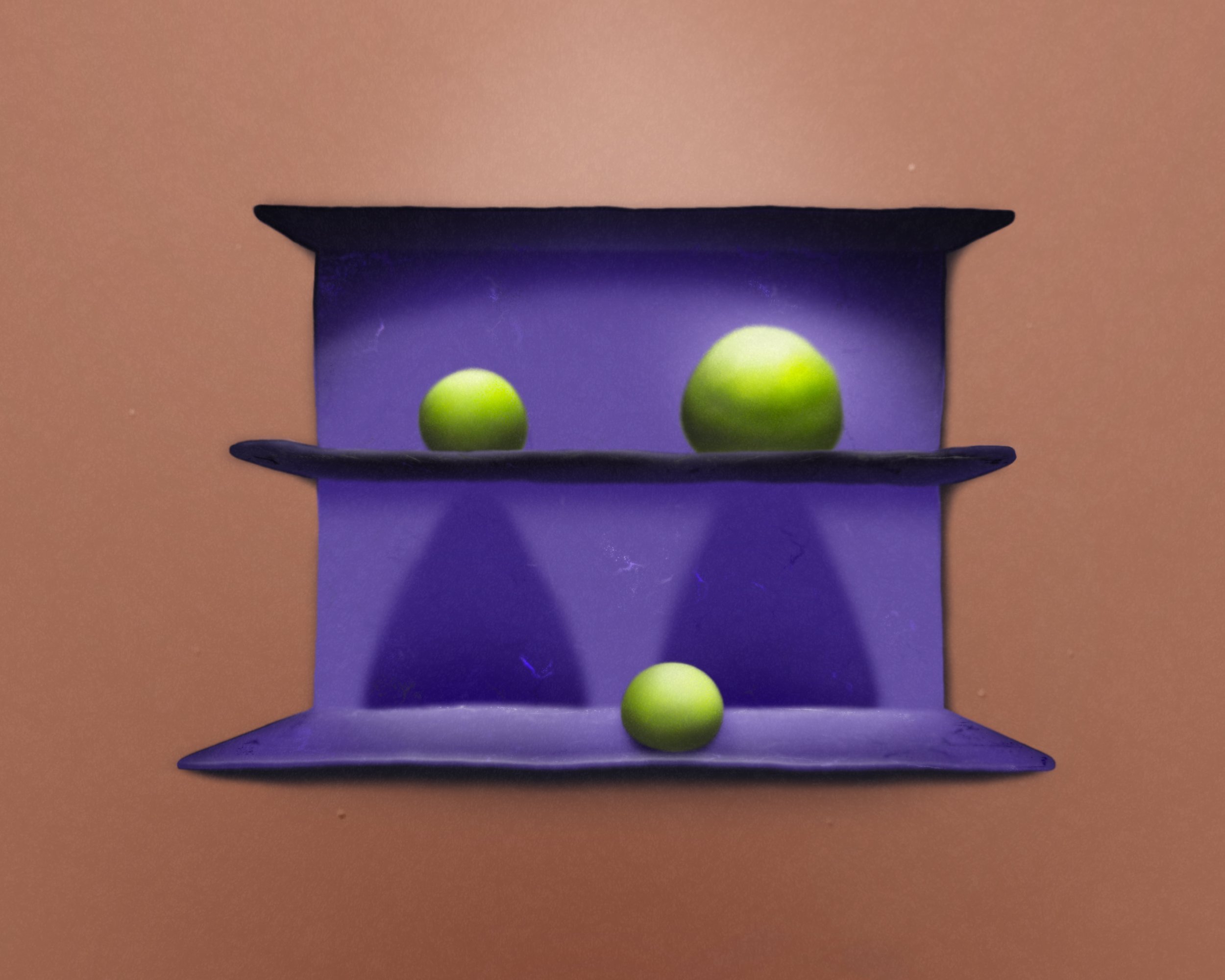 Purple wall and three balls