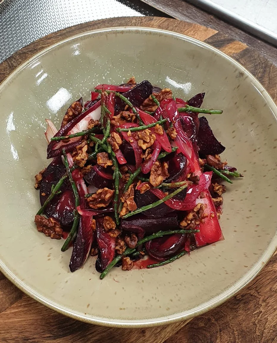 RECIPE: Max’s ‘Warm roasted beetroot, red chicory, shallot, samphire, toasted walnut &amp; blood orange salad.’ 