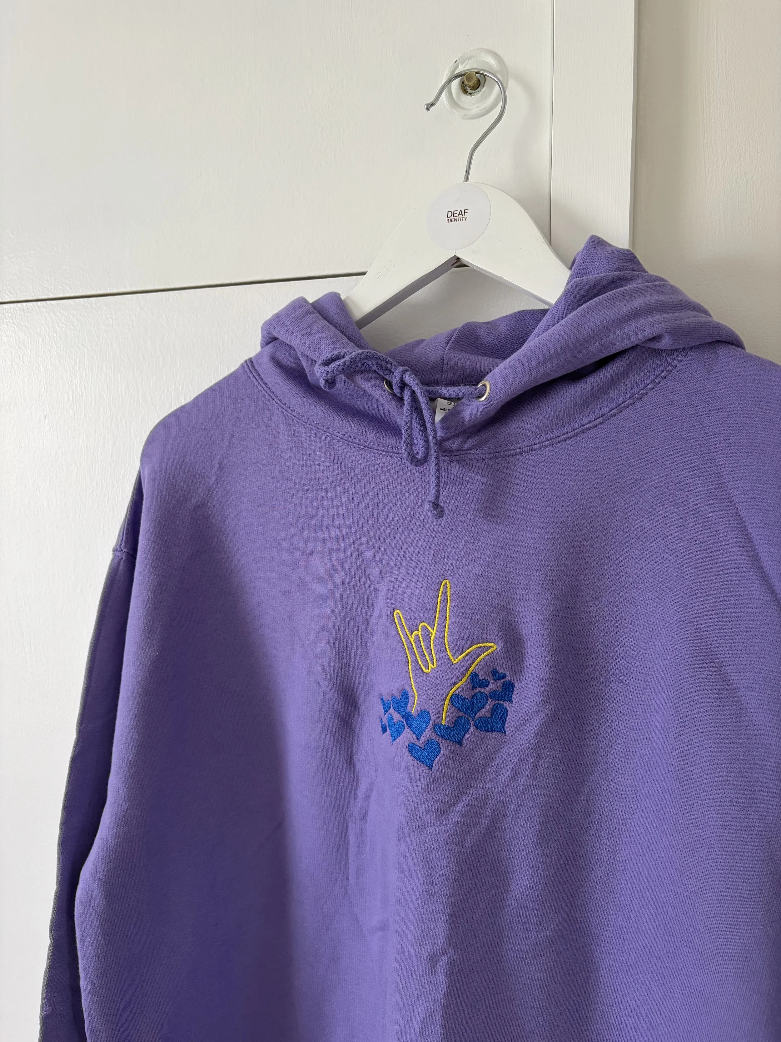 UNISEX SALE: ILY HAND SIGN WITH LOVE HEARTS YELLOW/BLUE LAVENDER HOODIE