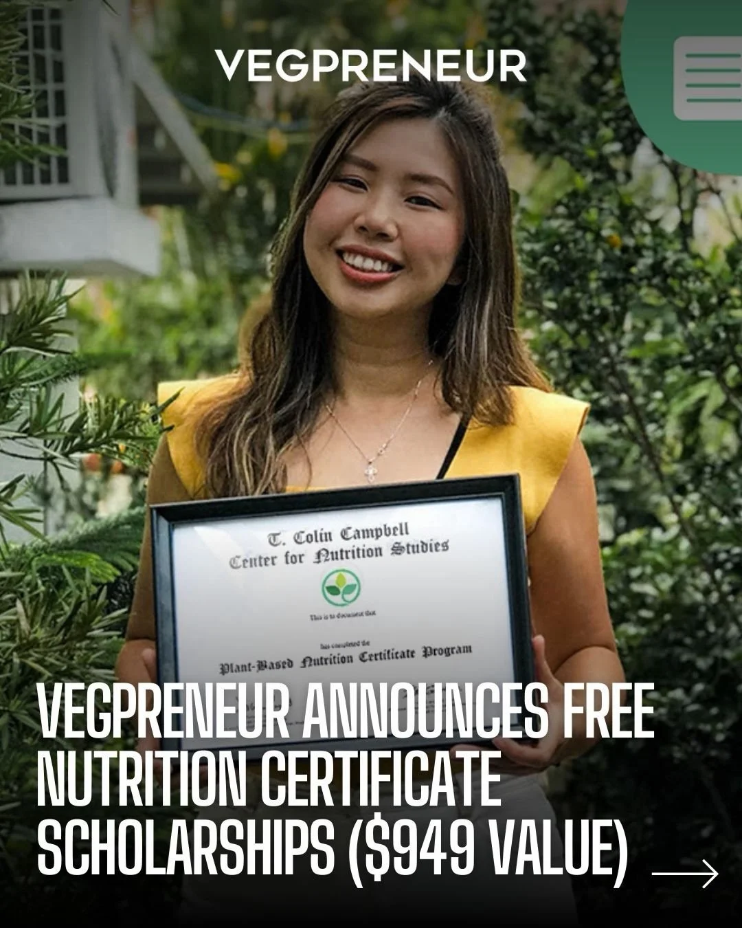 We have partnered with the T. Colin Campbell Center for Nutrition Studies to offer members full scholarships to the Plant-Based Nutrition Certificate program ($949 value)!🌱

Apply by February 28, 2026 and find more information at vegpreneur.org ✨

#