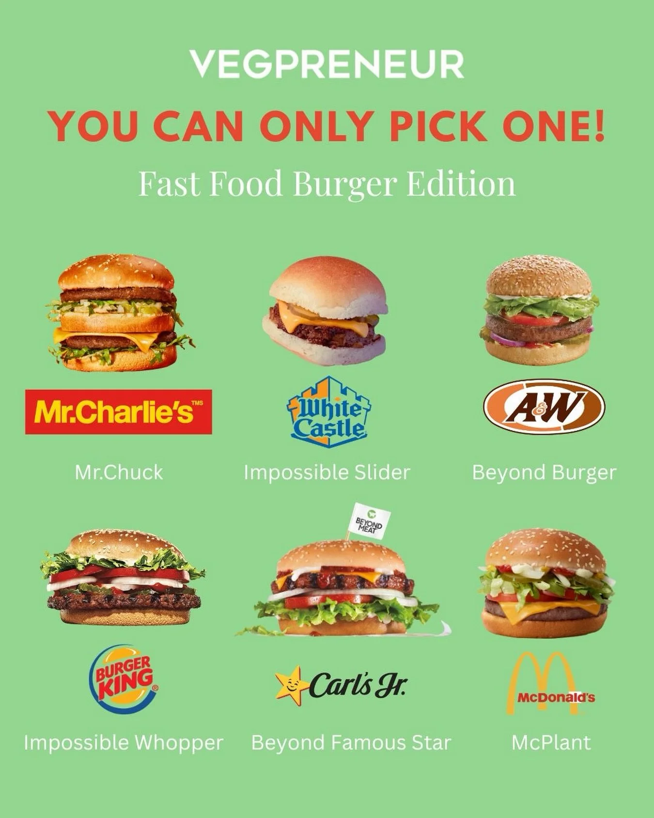 You can ONLY pick one&hellip;choose wisely!😉

Let us know your pick and share this with your plant-based bestie😝🌱

#VEGPRENEUR #vegan #plantbased #fastfood #youcanonlypickone