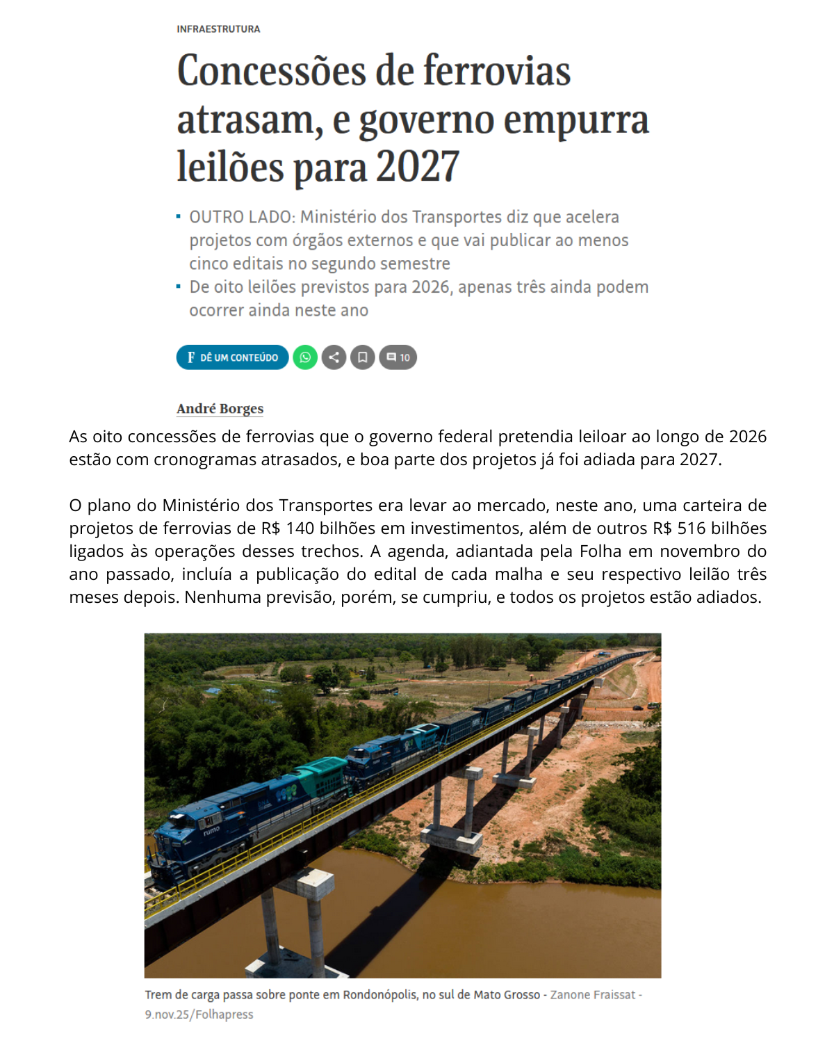 FERROVIAS NO BRASIL: LEILÕES ATRASAM E SÃO EMPURRADOS PARA 2027