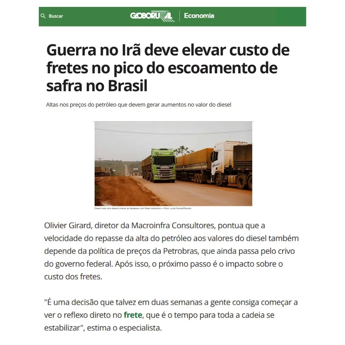 Guerra no Irã deve elevar custo de fretes no pico do escoamento de safra no Brasil