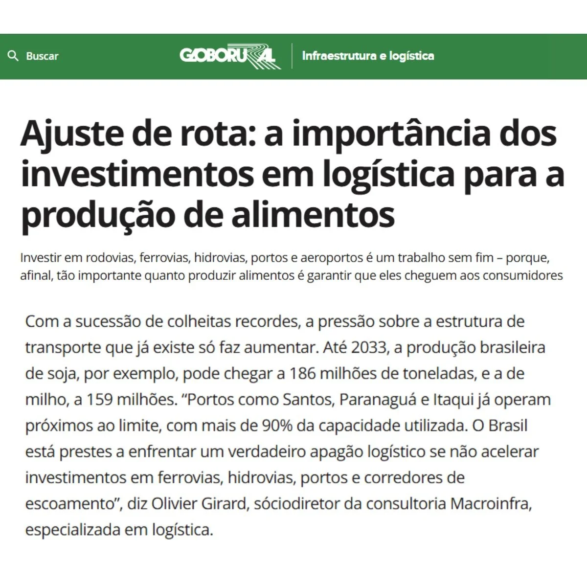 Macroinfra é destaque em reportagem do GloboRural