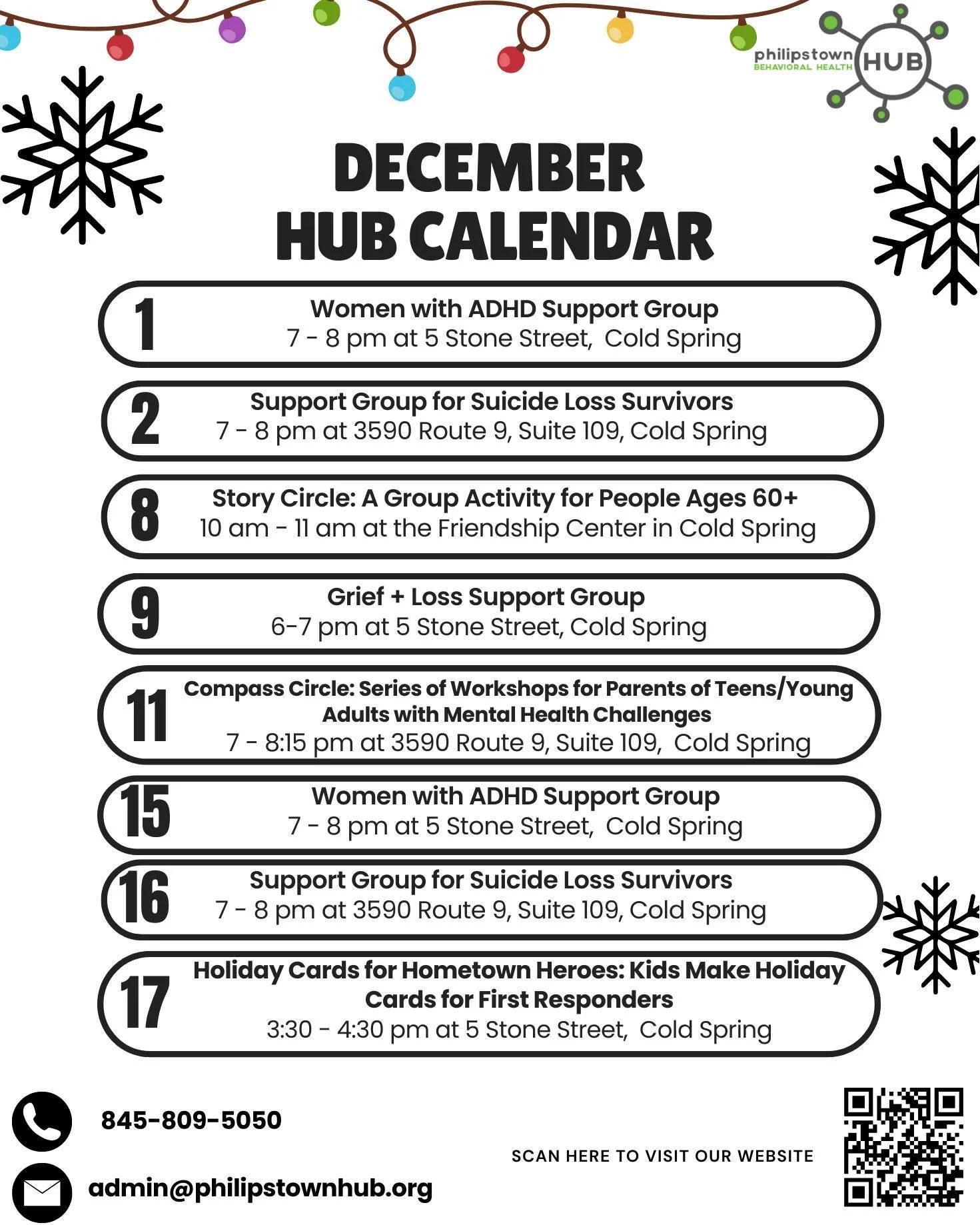 December is here! As we welcome the holiday season, we are excited to share our calendar of events with you. ❄️☃

12/1: Women with ADHD Support Group, 7pm, 5 Stone Street
12/2: Support Group for Suicide Loss Survivors, 7pm, 3590 Route 9, Suite 109
12