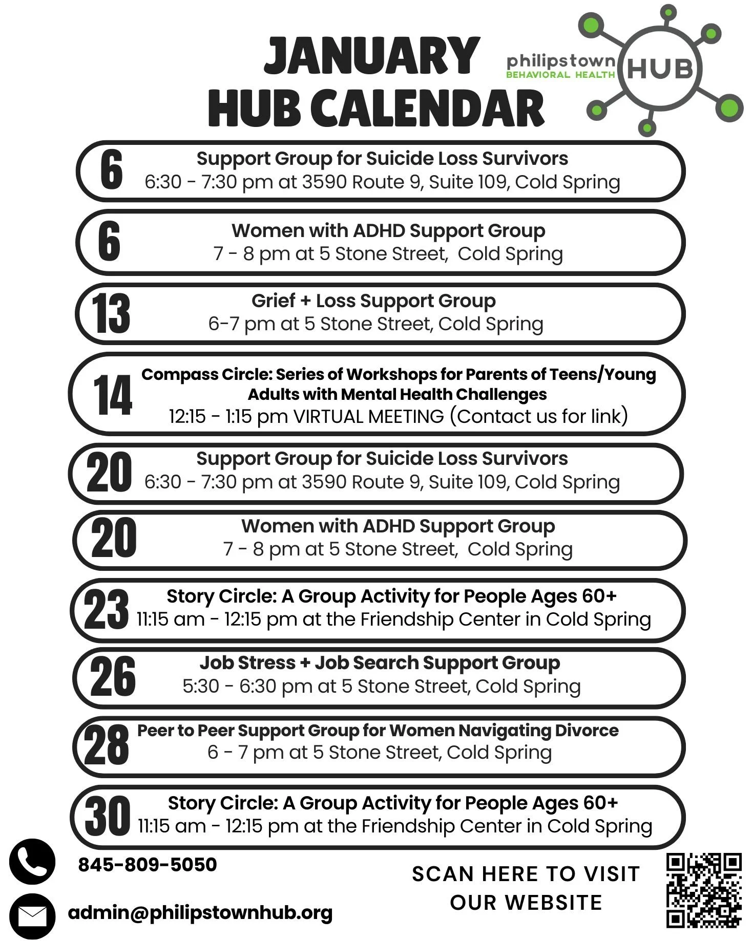 Happy New Year from the Philipstown Hub! 💚 
January Hub Calendar:
1/6: Support Group for Suicide Loss Survivors, 6:30 pm, 3590 Route 9, Suite 109

1/6 : Women with ADHD Support Group, 7pm, 5 Stone Street

1/13:  Grief and Loss Support Group, 6pm, 5 