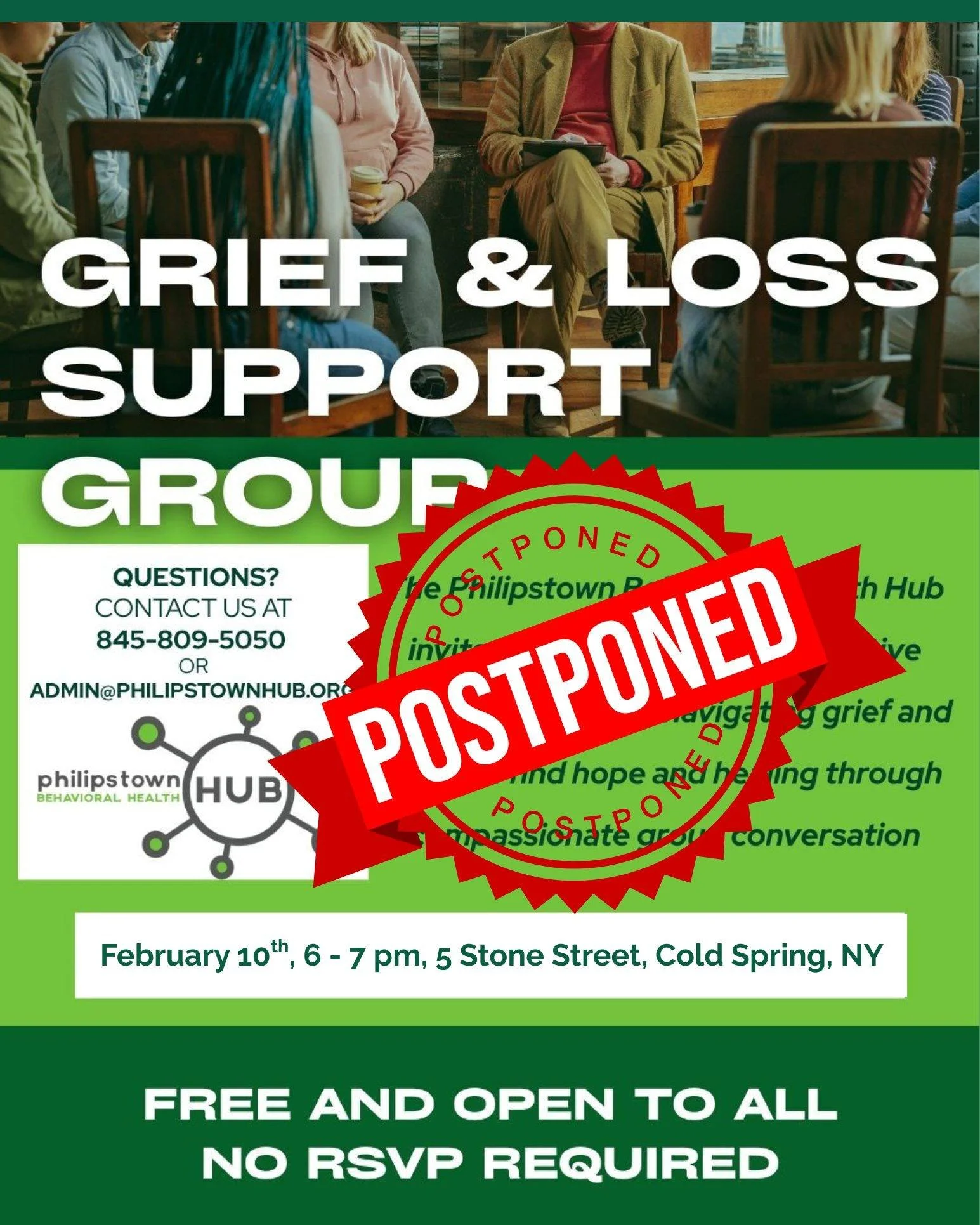 UPDATE: The Grief and Loss Support Group will not be meeting tonight. We apologize for any inconvenience. If you are in need of grief and loss support resources, please contact the Hub to speak with one of our care coordinators, who will guide you in