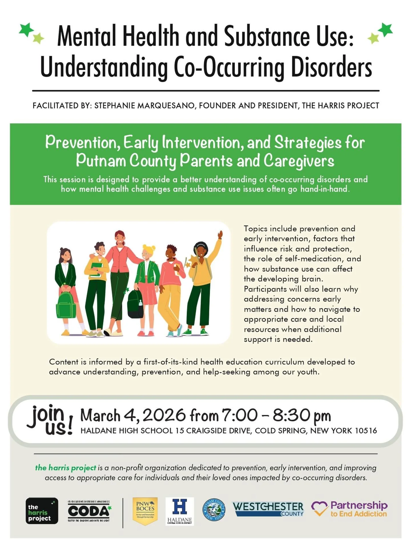 Sharing this community event happening on March 4th, 7-8:30 pm, at Haldane High School! 
This event will provide parents and caregivers with a better understanding of co-occurring disorders and how mental health challenges and substance use issues of
