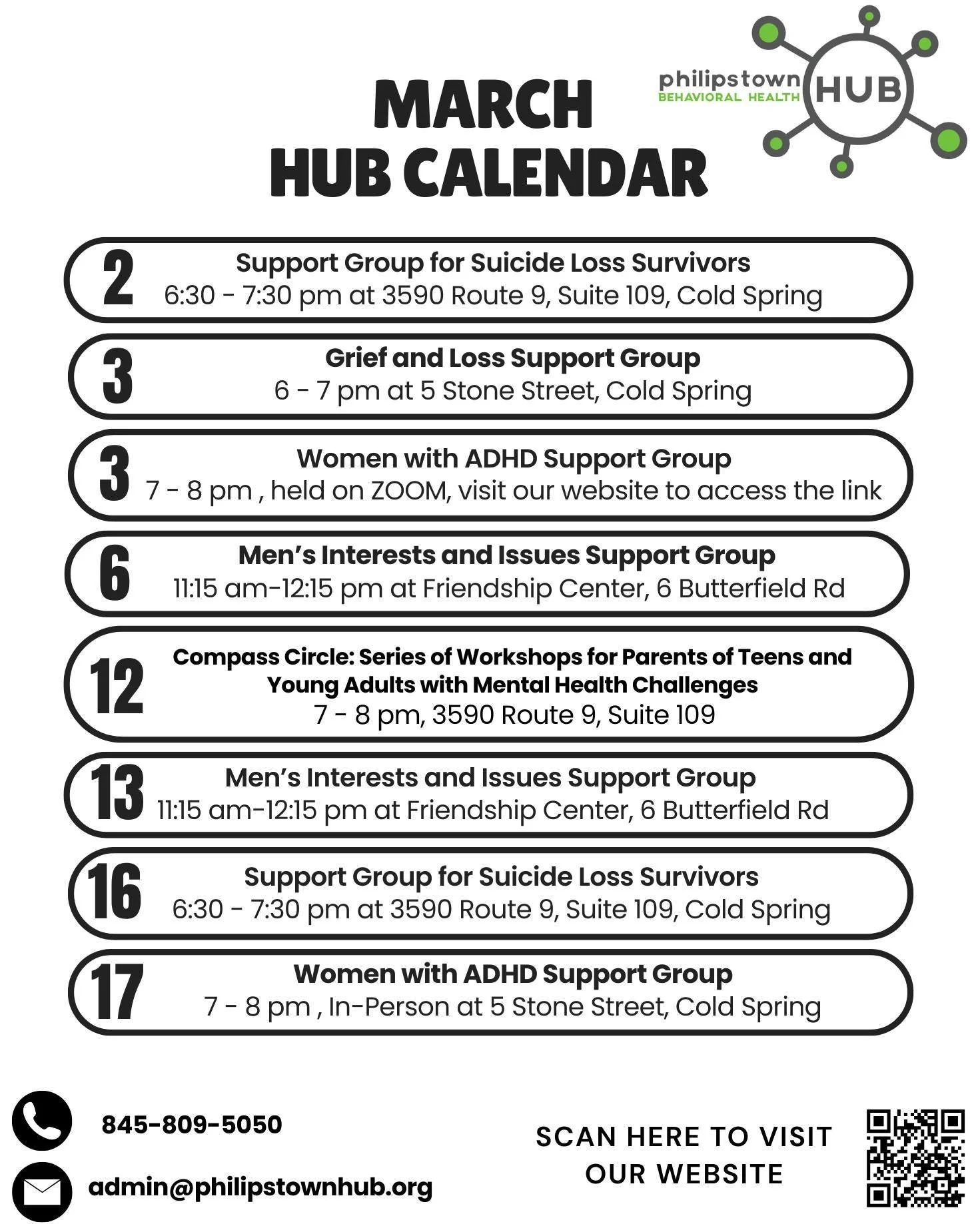 Welcome, March 💚 Check out the support groups the Hub is offering this month. 

3/2: Suicide Loss Survivors Support Group, 6:30 pm, Hub on Rt 9
3/3: Grief and Loss Support Group, 6 pm
3/3: Women with ADHD Support Group, 7 pm, ZOOM (Visit Philipstown