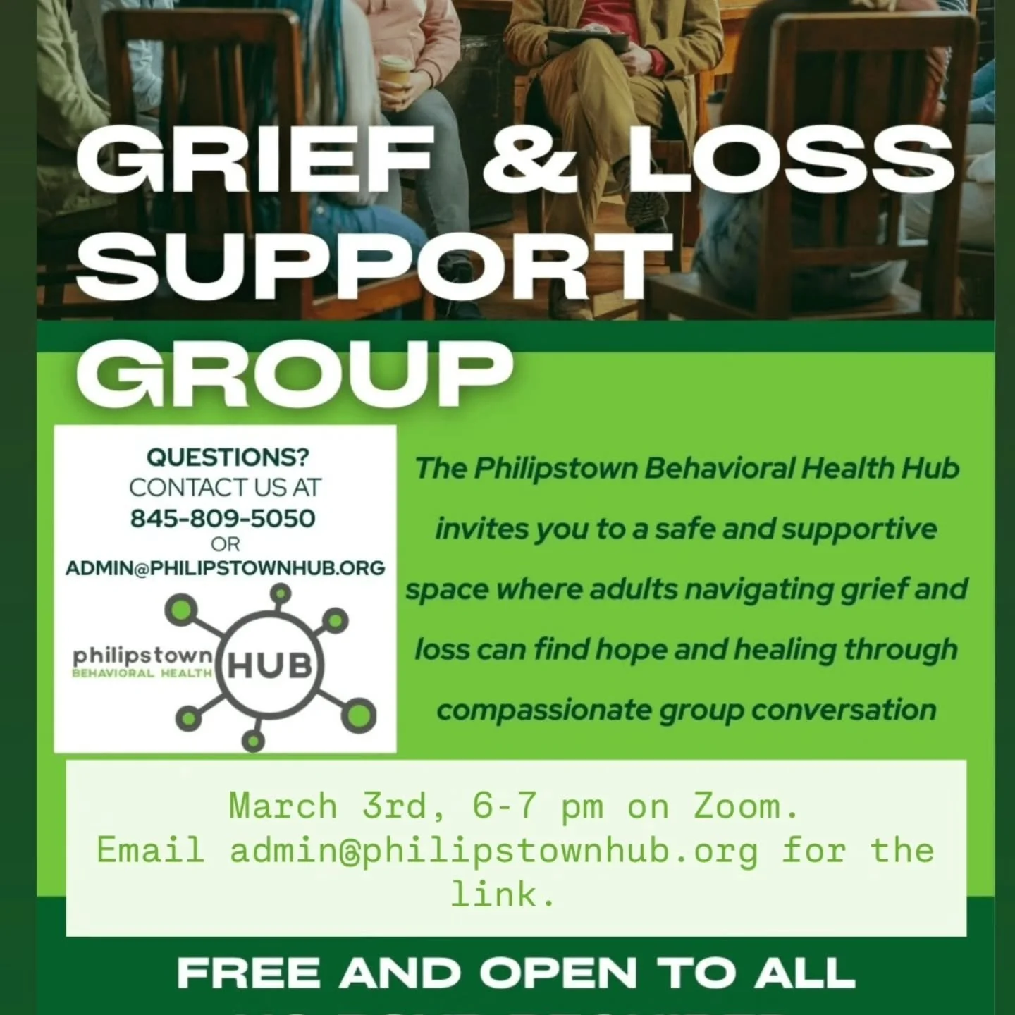 The Hub's Grief and Loss group tonight at 6pm will go ahead on Zoom. Email&nbsp;admin@philipstownhub.org&nbsp;for the link to join.