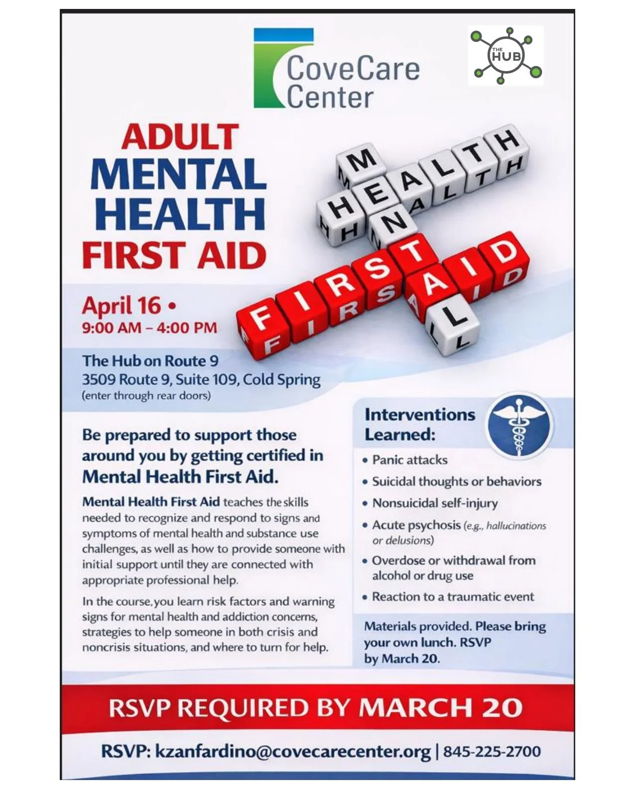 We are looking forward to hosting Adult Mental Health First Aid training! This training is designed for the general public and is for adults who want to learn how to identify, understand, and respond to signs of mental health or substance use challen
