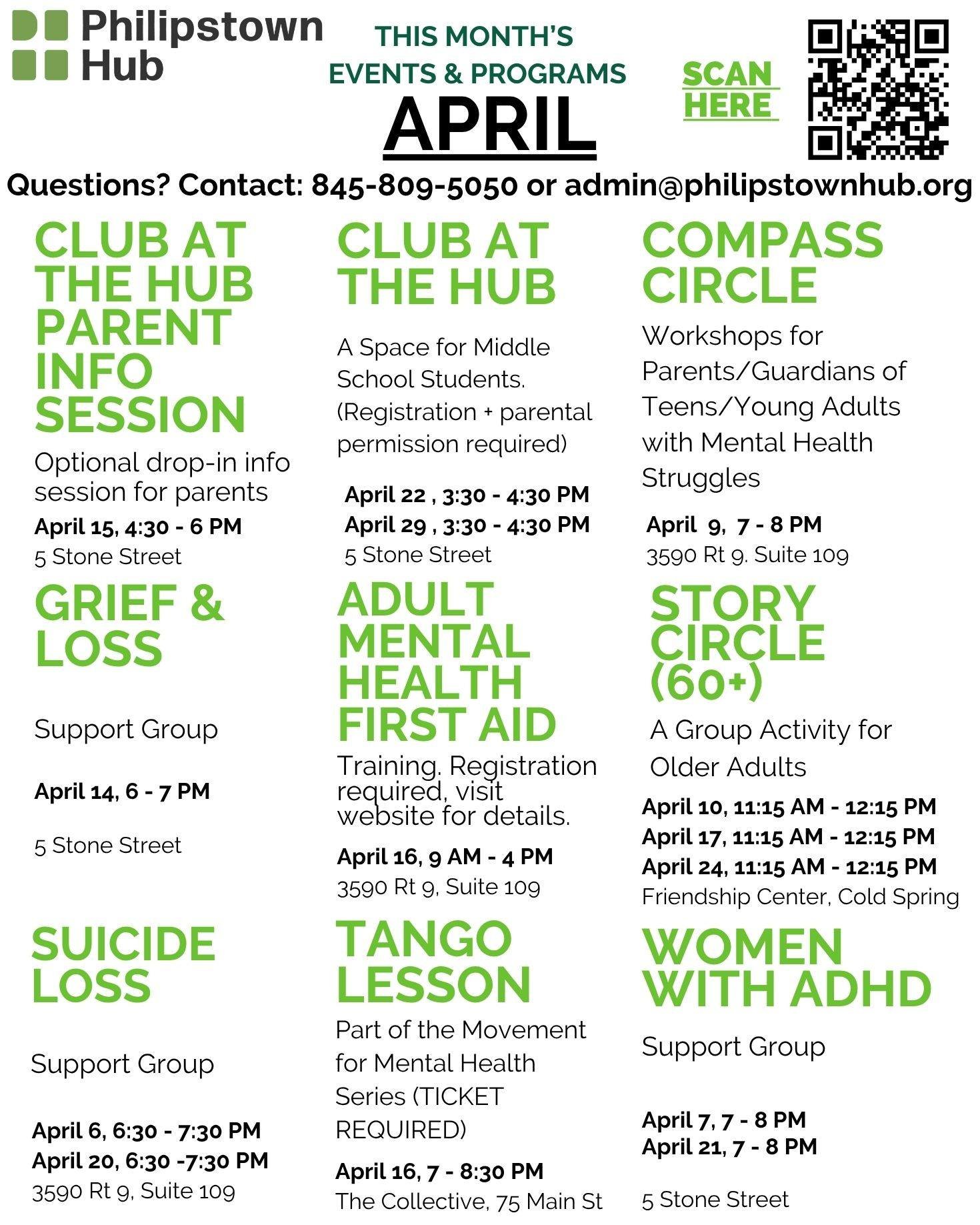 Spring has sprung! Here's what's happening at the Hub in April 🌷 Swipe to see all of the groups and events this month. 

We are excited to kick off Club at the Hub, a new 8-week series for middle schoolers, as well as Movement for Mental Health, our