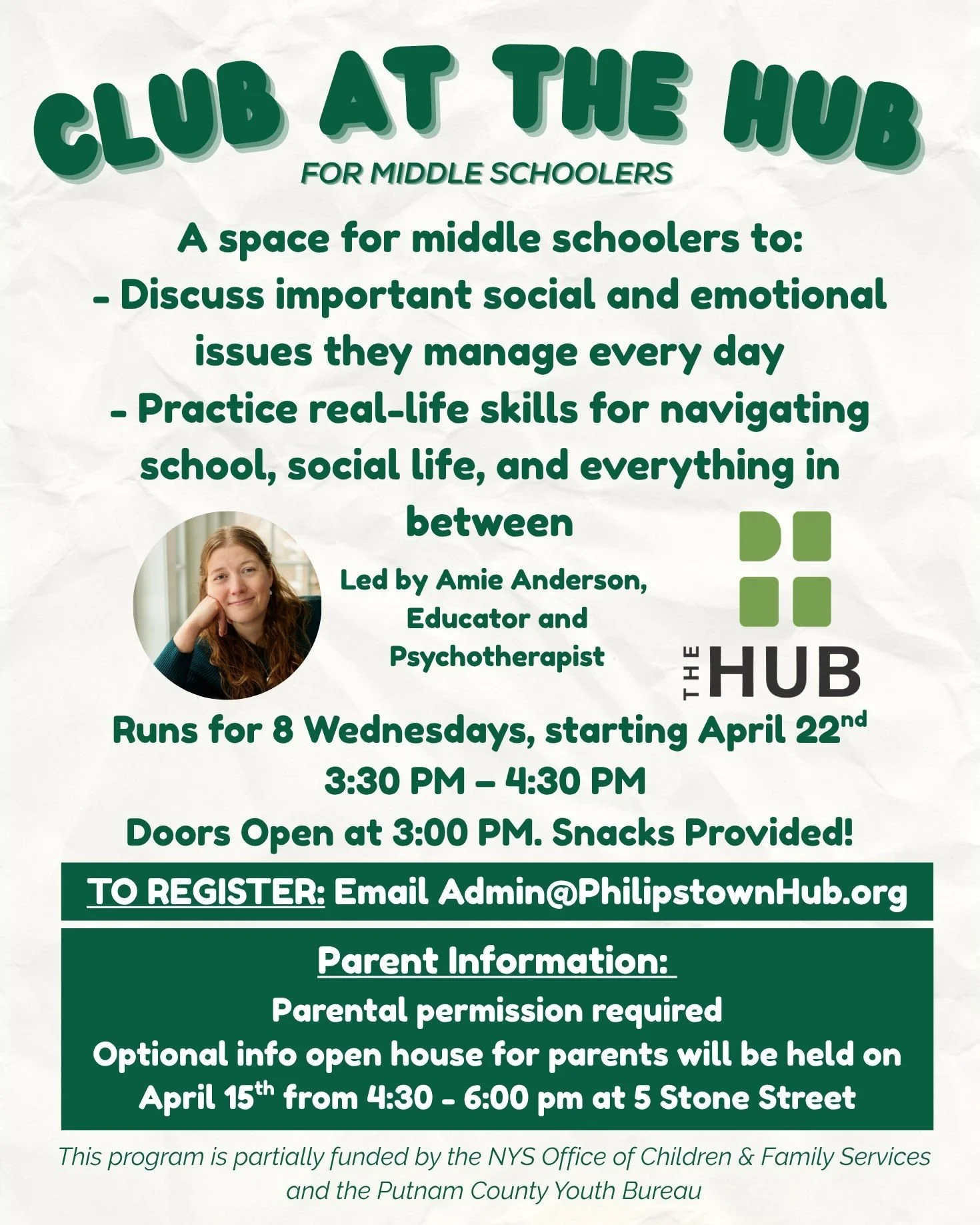 The open house info session for parents interested in registering their middle schoolers for Club at the Hub is just ONE week away! Stop by between 4:30 - 6:00 pm next Wednesday, April 15th to learn more. We can't wait to see you there and tell you m