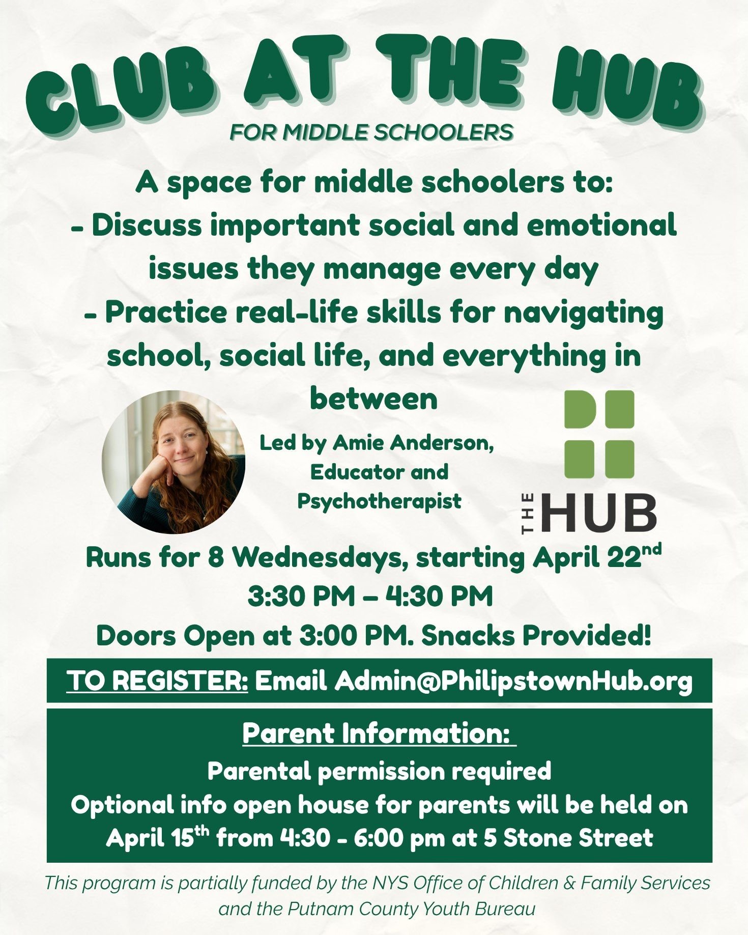 Calling all parents of middle schoolers! Got questions about Club at the Hub? Stop by the Hub TOMORROW (4/15) any time between 4:30 - 6:00 pm for our open house info session to learn more. Register your middle schooler by emailing admin@philipstownhu