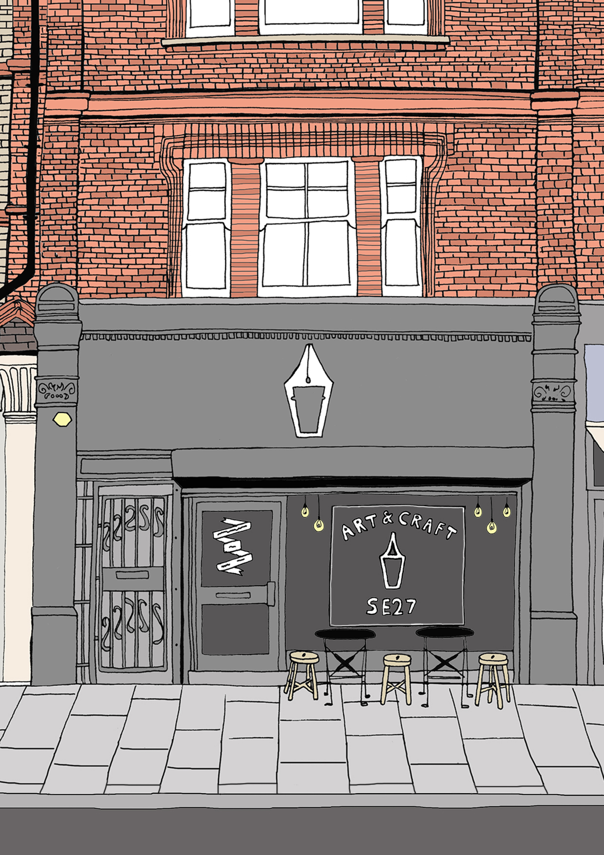 Illustration of 'Art & Craft' store, London. Used for promotional flyers. 