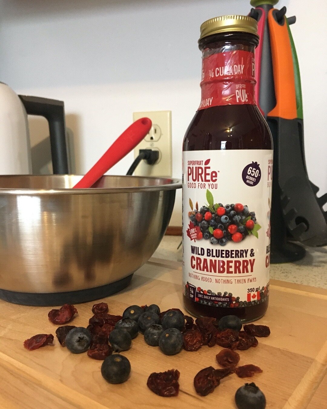 One for cooking with, one for drinking, one for pouring on pancakes and salad&hellip;💜✨

What do YOU use your handy dandy bottle(s) of pur&eacute;e for? 

#superfruitpuree #goodforyou #wildblueberries #strawberries #haskaps #cranberries #antioxidant