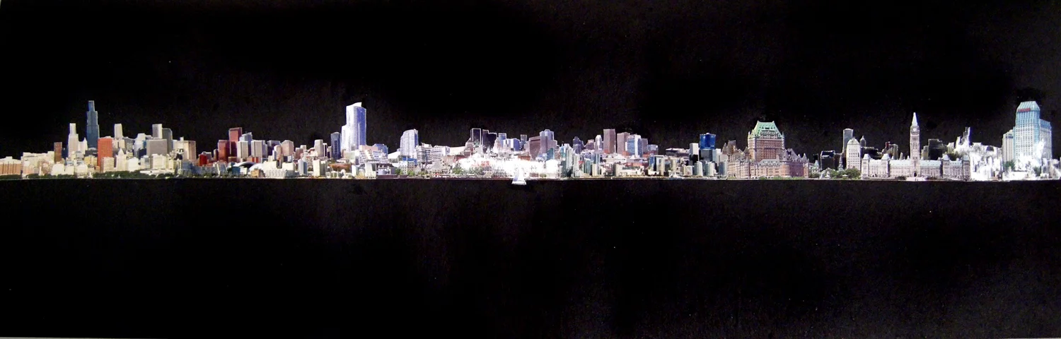   Infinite City  (Detail), 2014. Postcards collaged on paper. 