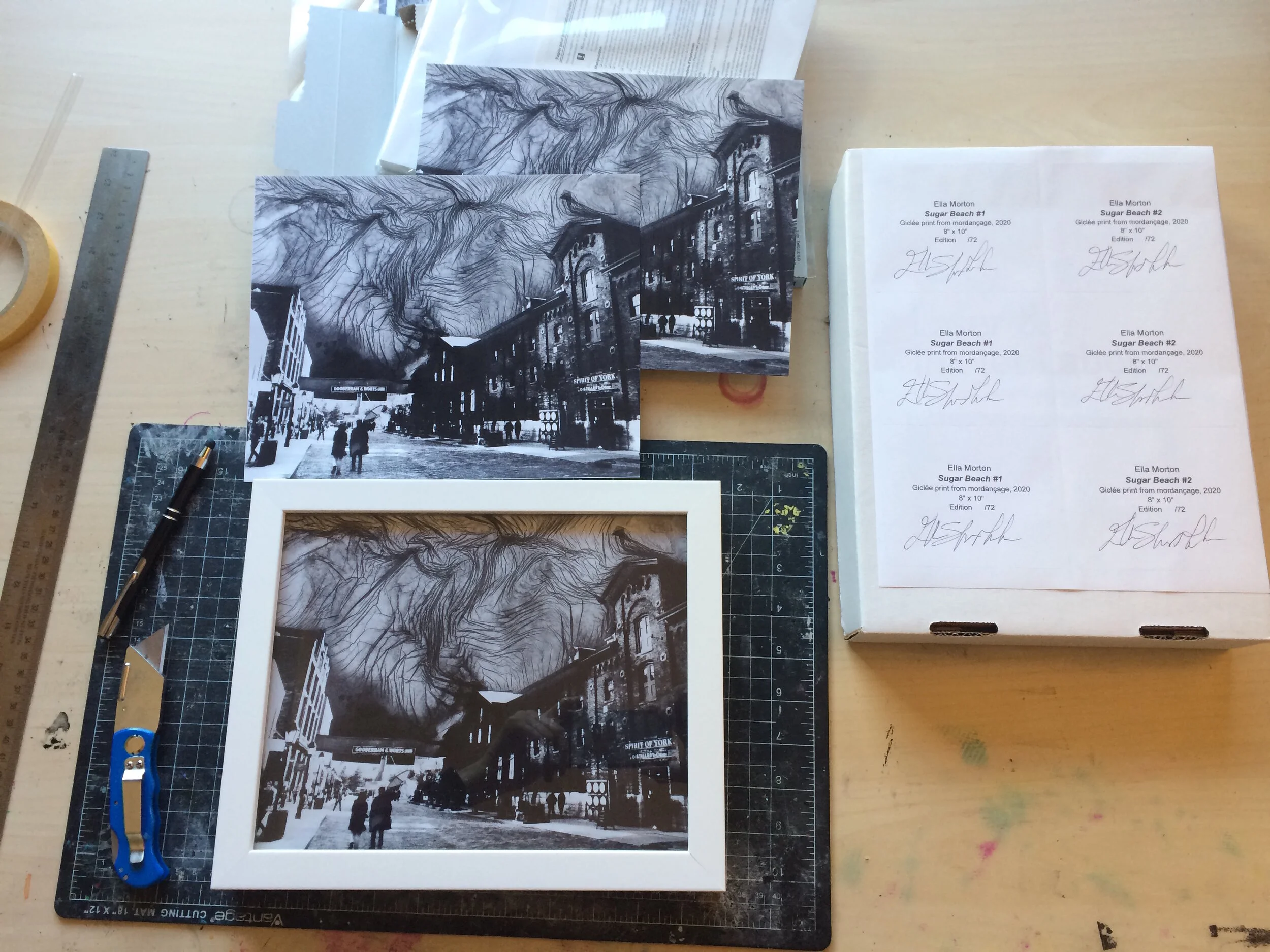  Framed artwork and work materials, 2020. 8” x 10” print in a 9” x 11” wooden frame. 