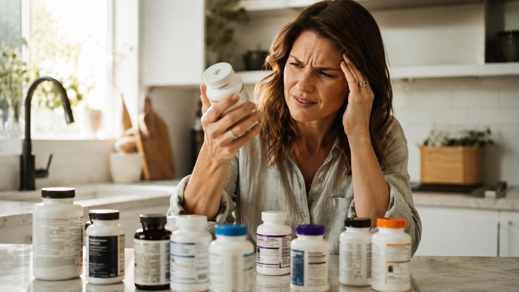 Woman standing at a kitchen counter looking confused and frustrated while surrounded by multiple supplement bottles