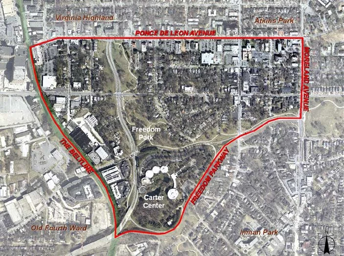 Poncey-Highland is bounded on the north by Ponce de Leon Avenue, on the east by Moreland Avenue, on the south by Freedom Parkway, and on the west by the Atlanta BeltLine Eastside Trail. The neighborhood is approximately 241 acres, or 0.37 square miles, in area.