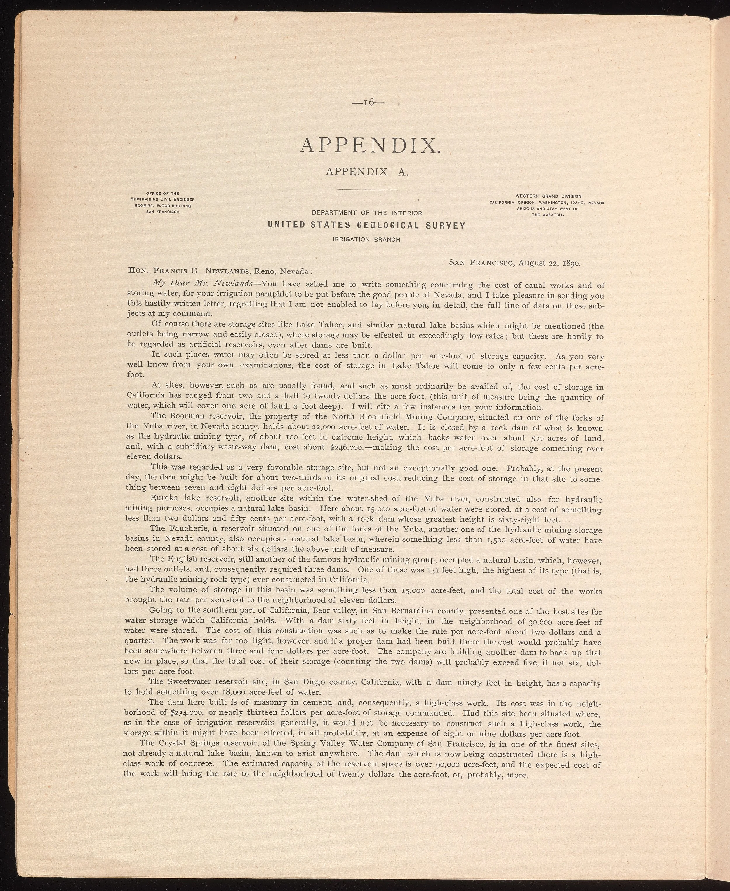 Figure 8.4: This letter, which is written on official U.S. Government stationery, identifies William H. Hall as a senior federal official. The letter advises private citizens on how to invest in irrigable land in Nevada.