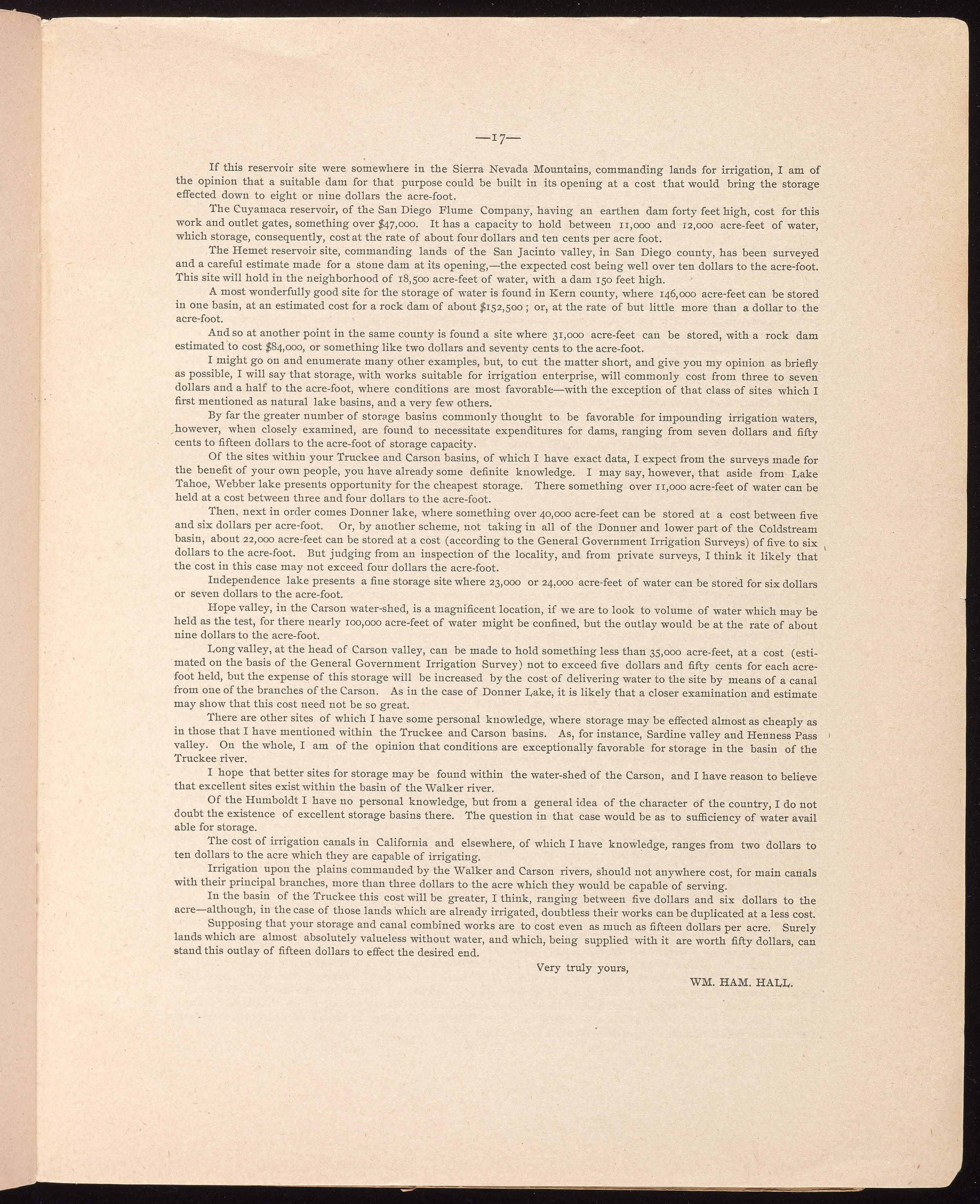 Figure 8.5: The Hall letter is a detailed roadmap of current development costs for irrigation dam construction in Nevada. The Nevada numbers are contrasted with current market costs at comparable irrigation dam sites in California.