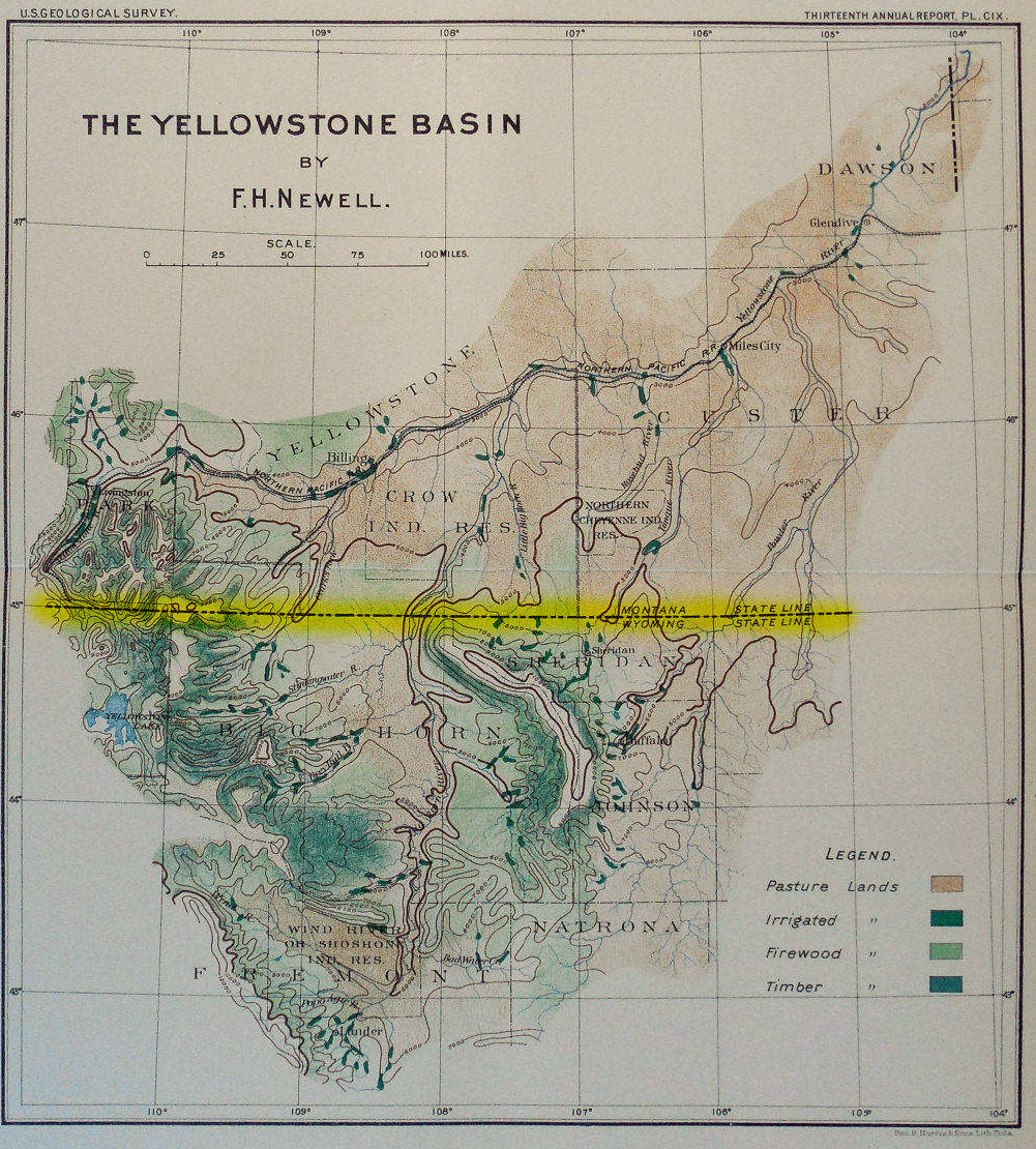 Figure 10.1: Frederick Newell was a pioneer in region-wide thinking, showcased in his mapping of multi-state, hydrographic basins. which he did for the USGS arid-land survey. Newell’s signature regional map, shown here, was titled “The Yellowstone B…