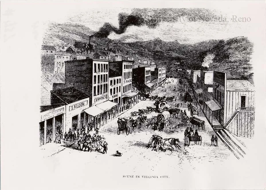 Figure 3.1: Virginia City, 1864 - Lithograph shows a frenzied frontier mining town in a year of silver bonanzas. C Street, the main drag, runs east to west, ending abruptly where snowshoe paths start uphill to the silver mines, the stamping mills an…