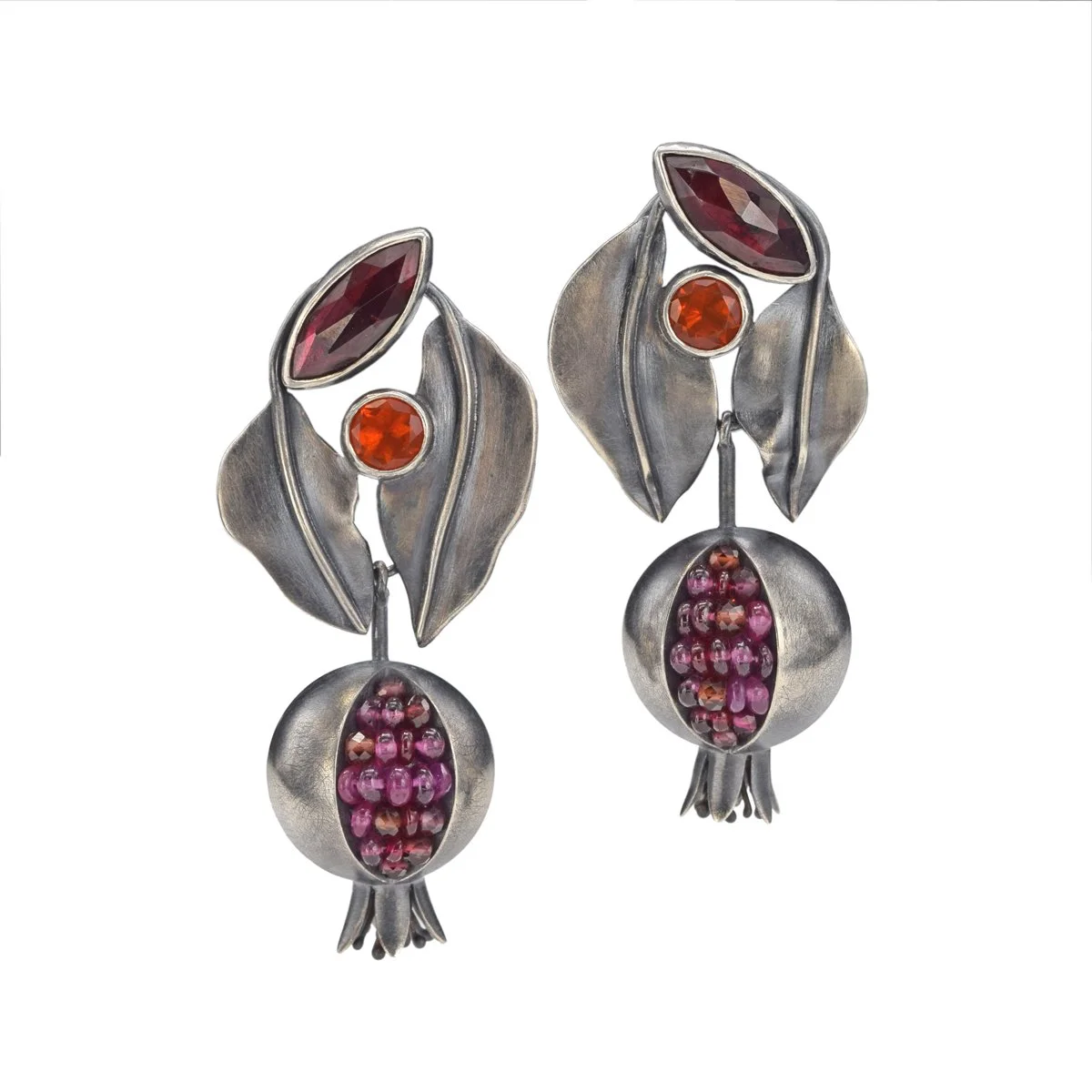 Pomegranate dangle earrings leaves reds oranges WP.jpg