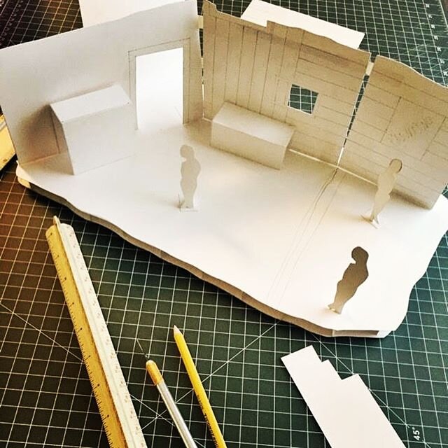 Set designer Dorothy Hoover shares a pic of her initial white model for our upcoming workshop of ADOBE PUNK.  This 3-D sketch of the set will help the directors visualize the space and make adjustments with the designer, leading to a final model, and