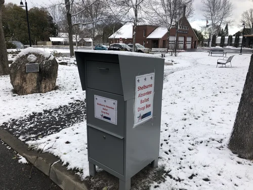 On Tuesday morning, residents were also able to place their absentee ballots in the secured drop box directly outside the town offices in Shelburne. (Lilly Young/Community News Service)