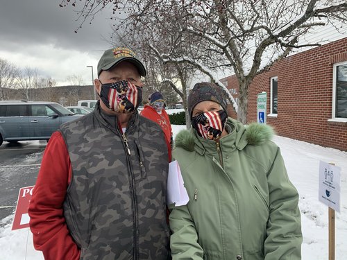 Milton residents Raymond and Nancy Mcnamara stand in line to vote at Milton Municipal Office. (Kenzie Imhoff/Community News Service)