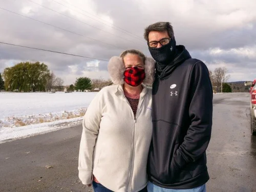 Heather and Michael Roberts, who moved to Vermont from West Virginia in September, outside of the Georgia, VT polling place after voting in person for their first election as Vermonters. (Brooke McKeen/Community News Service)