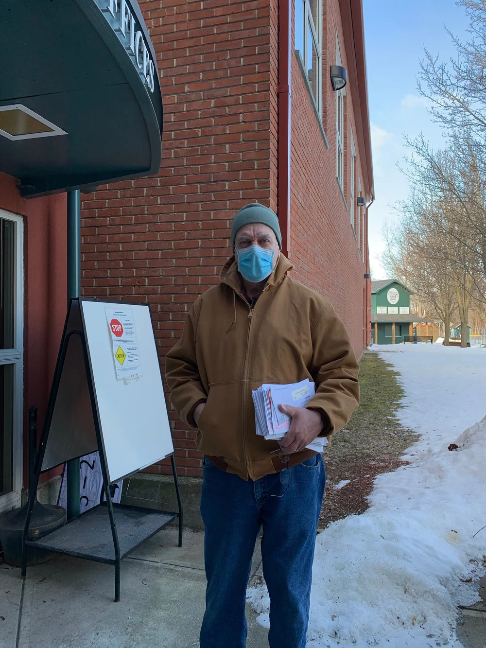 Pete Gadue, 71, standing outside the Shelburne Town Gym on Town Meeting Day. (Rowan Hawthorne/Community News Service)