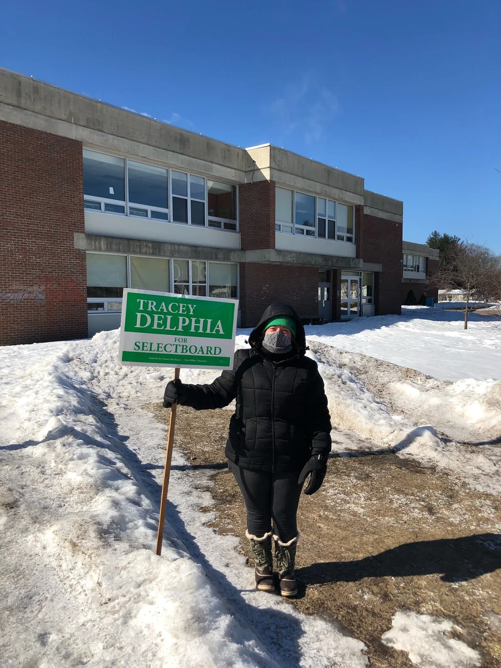 Tracy Delphia outside Essex Middle School Tuesday, March 2. (Jen Lannom/Community News Service)