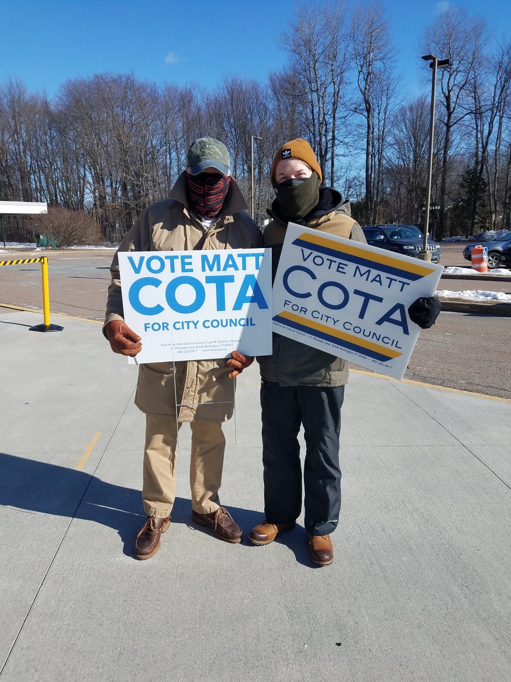 Chris and Davis Cota outside the Chamberlin School in South Burlington. (Claire MacQueen/Community News Service)
