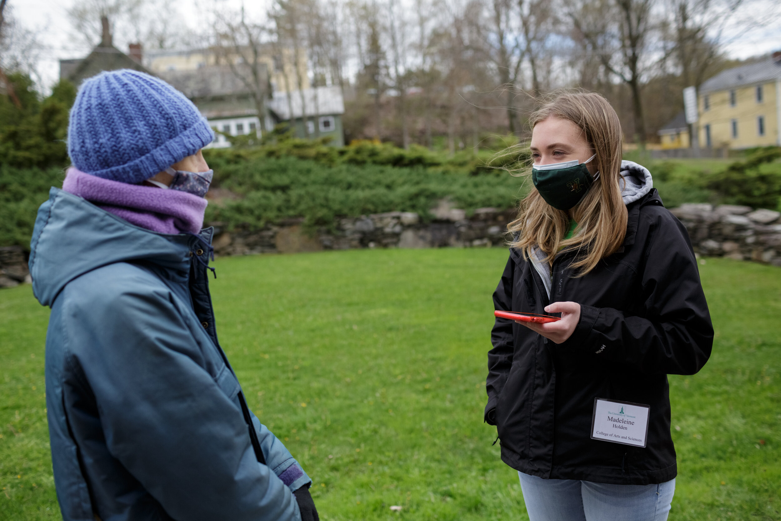 CNS Reporter Maddie Holden interviews Krissy Novak in Hinesburg. Photo by Anna Watts.