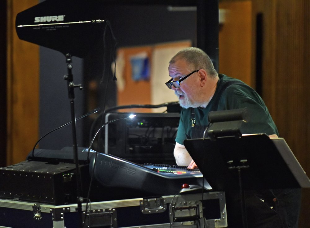   Sound engineer Harry Chaikin is on the sound boards for his sixth Harwood musical. Photo by Gordon Miller.   