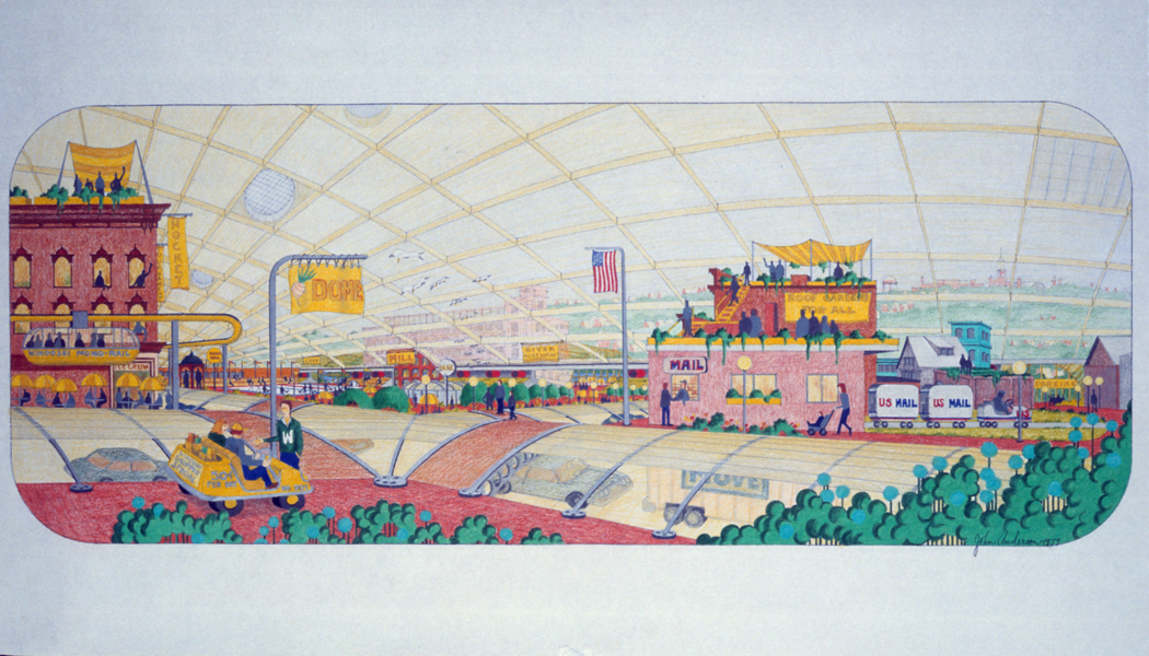   The 1979 illustration by John Anderson that depicts the proposed design for the Winooski Dome from the inside.  