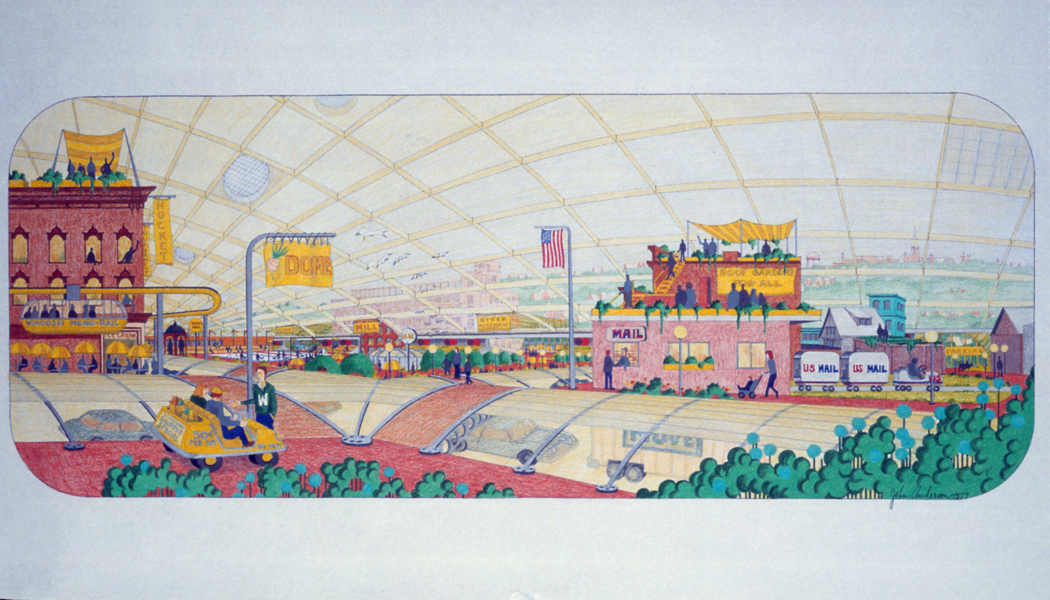 The 1979 illustration by John Anderson that depicts the proposed design for the Winooski Dome from the inside.