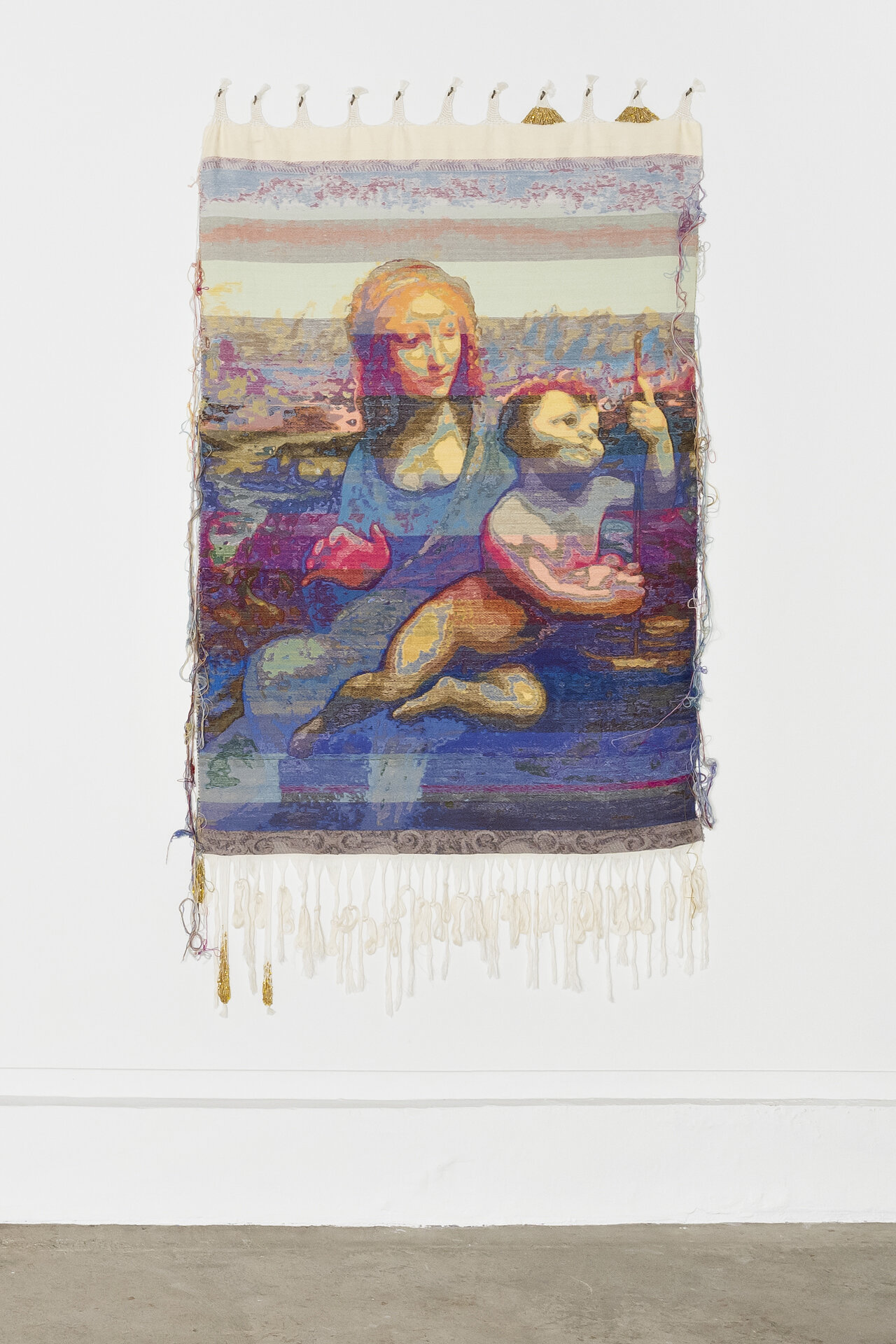 Madonna del filatore (dopo Leonardo da Vinci), 2018, cotton, wool, glass beads, 78”x 42”