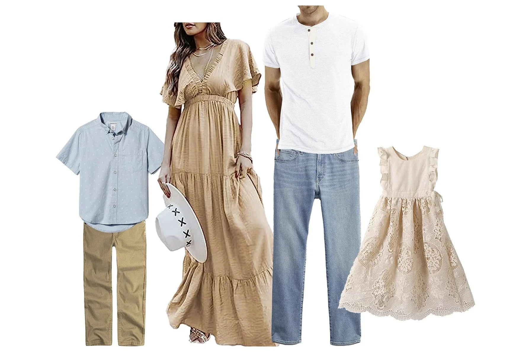Family wearing neutral cream, camel, and denim outfits for fall photos
