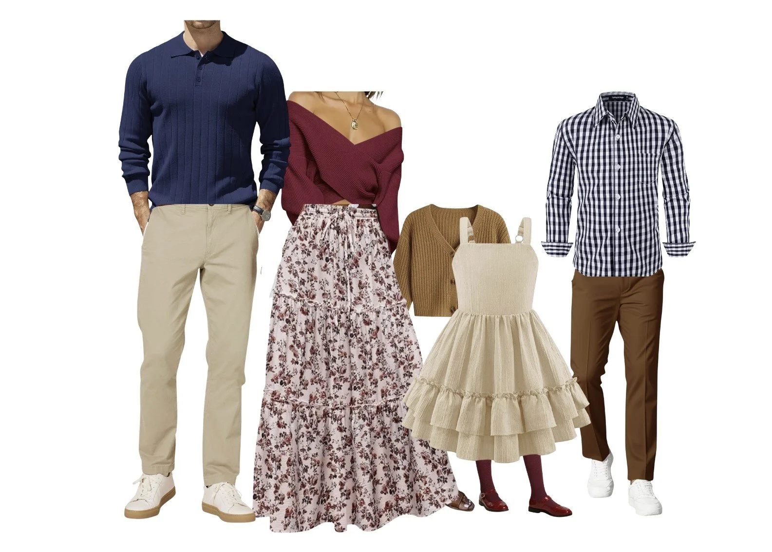 Fall family outfit color palette with rust, burgundy and blue