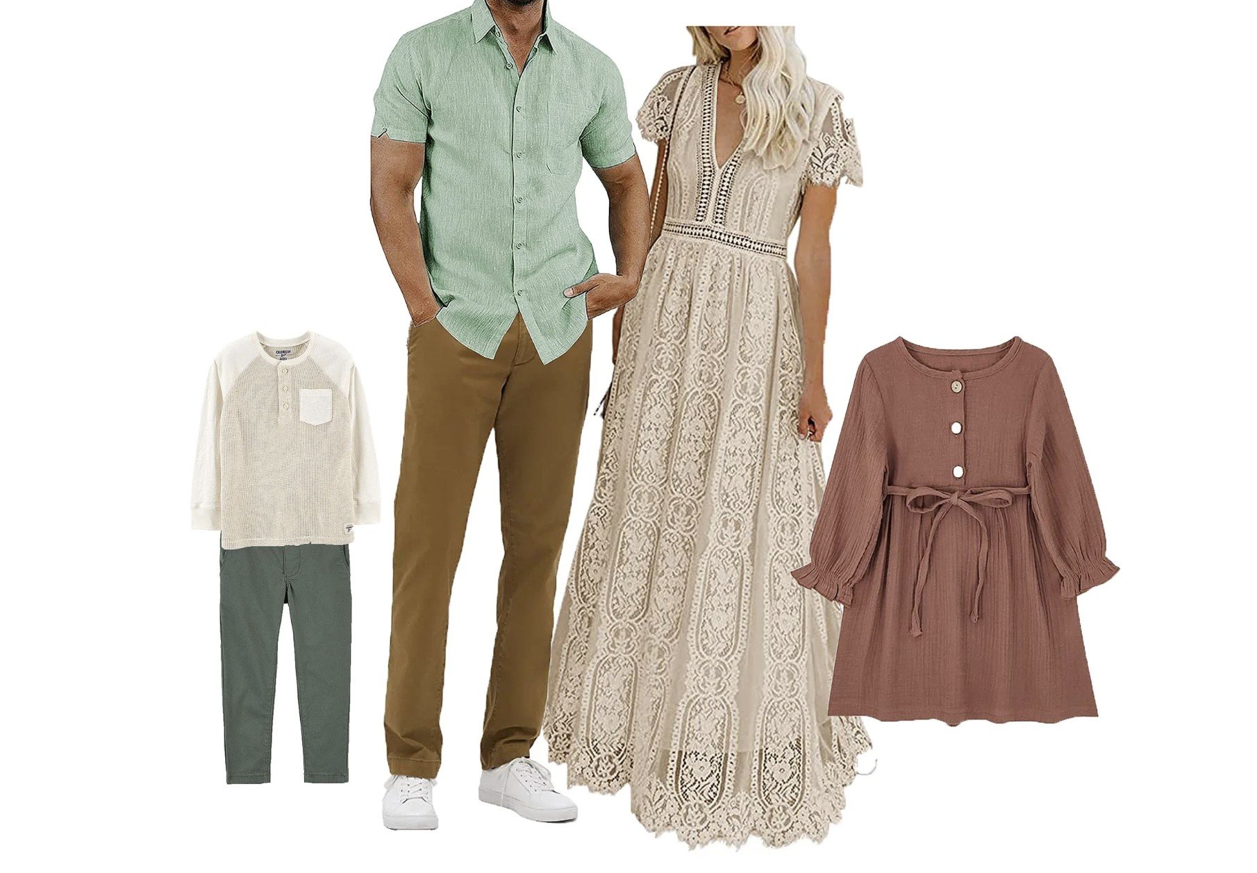 Family outfit color scheme with green, cream, mauve and rust