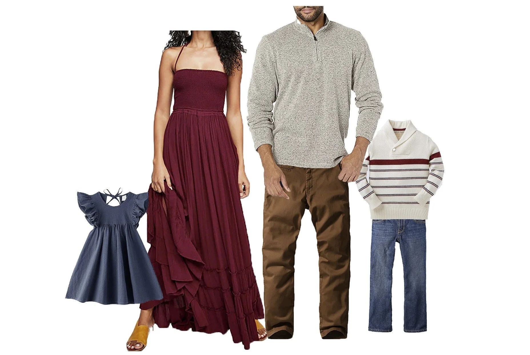family photo outfit ideas for a family of four wearing navy, burgundy and ivory