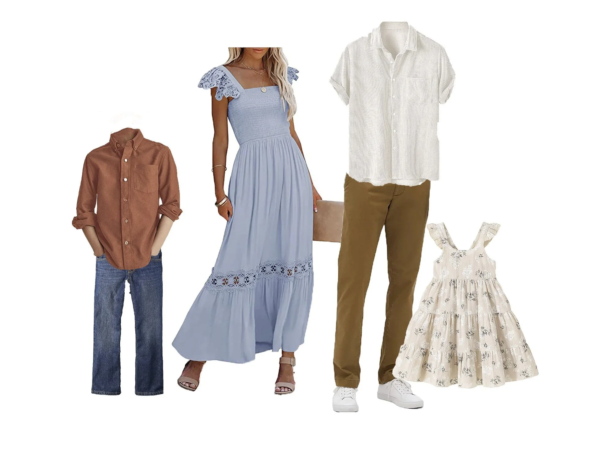 Fall Family outfit color palette with cream, rust, blue and brown