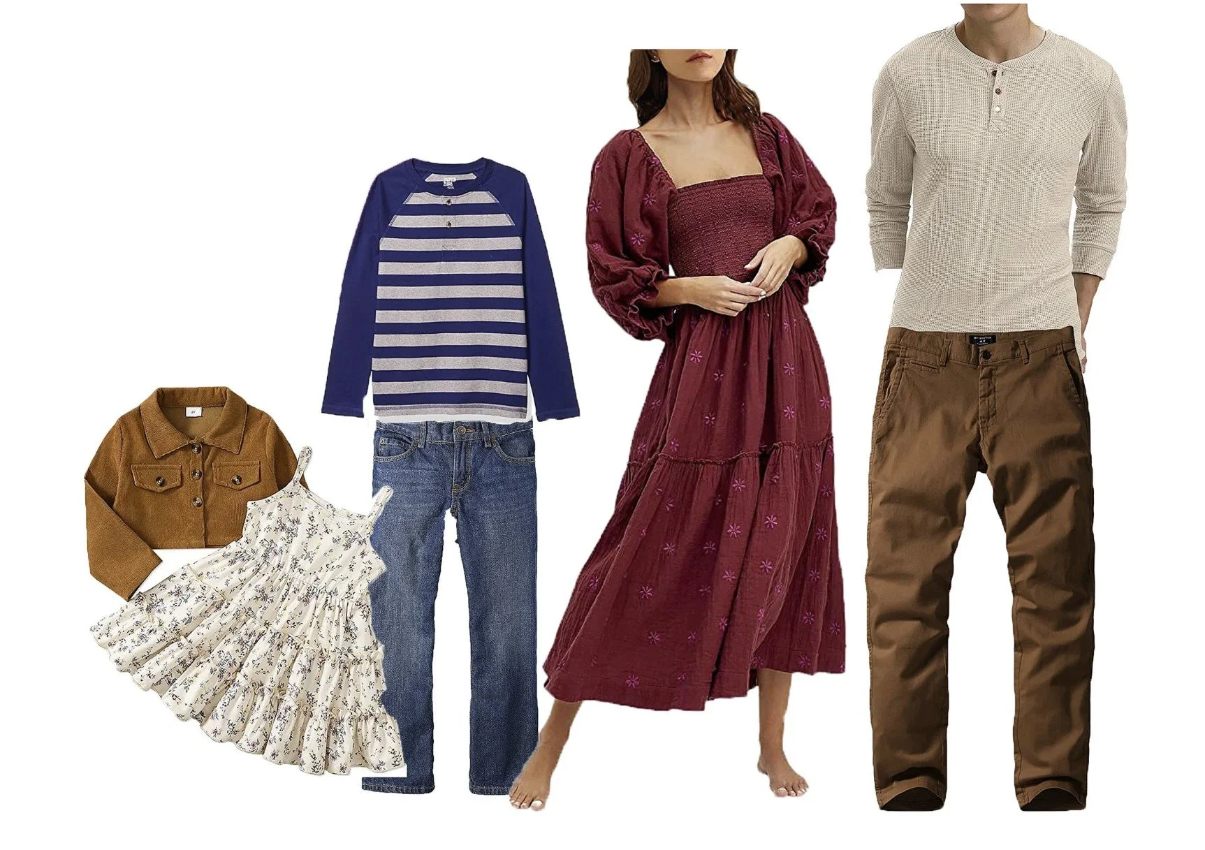 Fall family outfit color palette with burgundy, camel, and cream